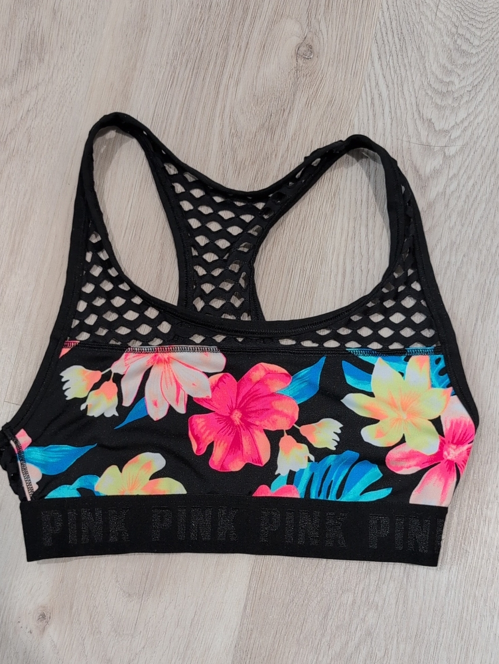 PINK Victoria's Secret Black Floral Mesh Racerback Sports Bra